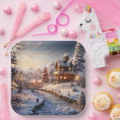 Gezellig Dorp bij Kerstmisillustratie Papieren Bordje (Feest)