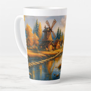 Gezellig dorp met windmolen bij zonsopgang latte mok
