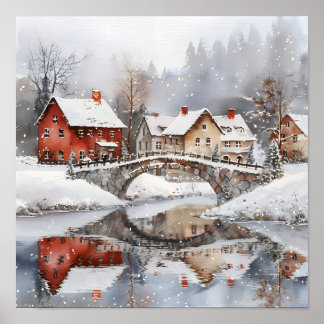 Gezellig dorpsbrug winter watercolor Kerstmis Poster