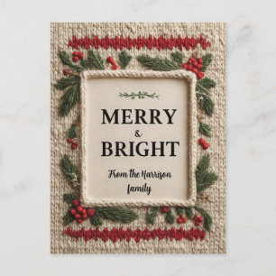 Gezellig gebreid "Merry & Bright" kerstontwerp Feestdagenkaart