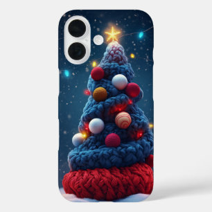Gezellig gebreide kerstboom blauw rood iPhone 16 hoesje