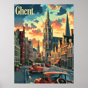 Gezellig Gent:  straatscène illustratie Poster