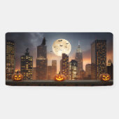 Gezellig Halloween Night Cityscape met pompoen Spandoek (Horizontaal)