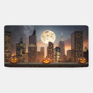 Gezellig Halloween Night Cityscape met pompoen Spandoek