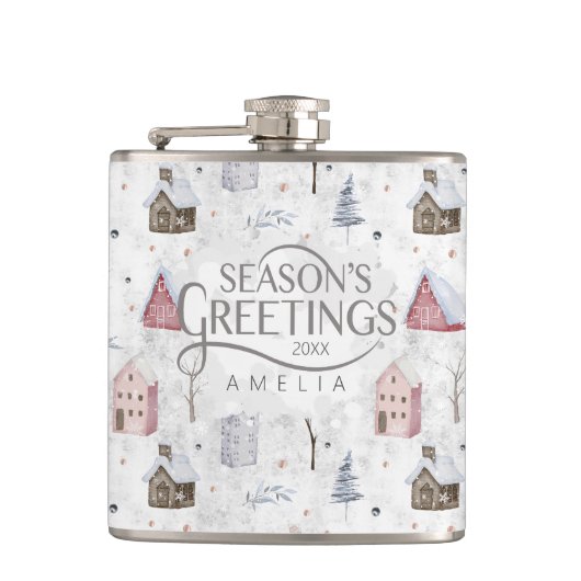 Gezellig Huis Kerstmis Roze ID985 Heupfles (Voorkant)