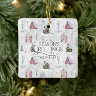 Gezellig Huis Kerstmis Roze ID985 Keramisch Ornament