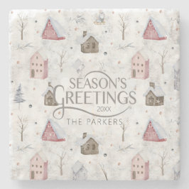 Gezellig Huis Kerstmis Roze ID985 Stenen Onderzetter