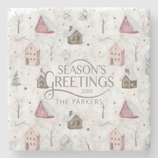 Gezellig Huis Kerstmis Roze ID985 Stenen Onderzetter (Voorkant)