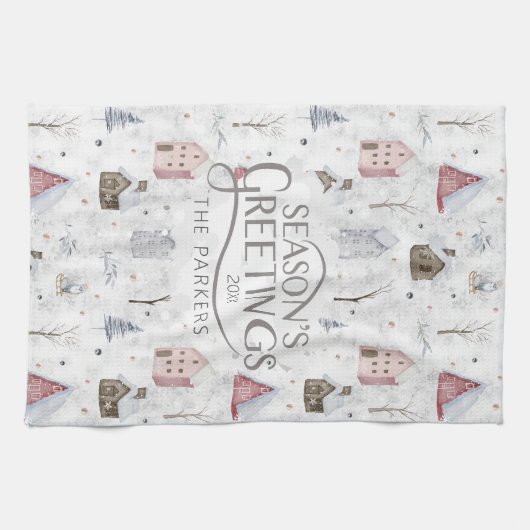 Gezellig Huis Kerstmis Roze ID985 Theedoek (Horizontaal)