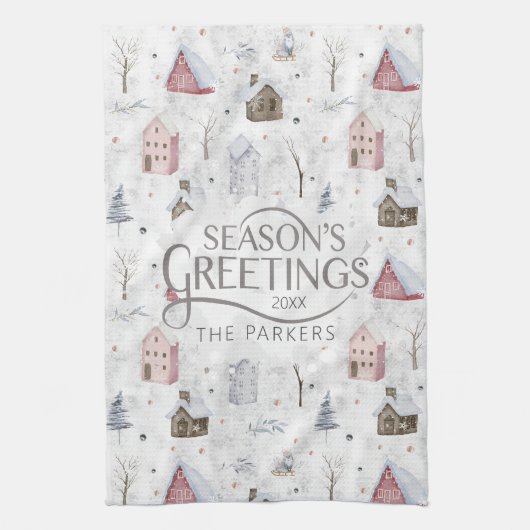 Gezellig Huis Kerstmis Roze ID985 Theedoek (Verticaal)