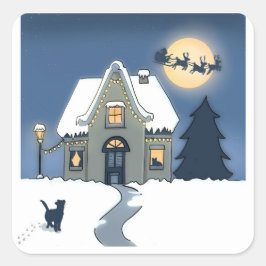 Gezellig huis 's nachts met Santa Sleigh en Cat Vierkante Sticker