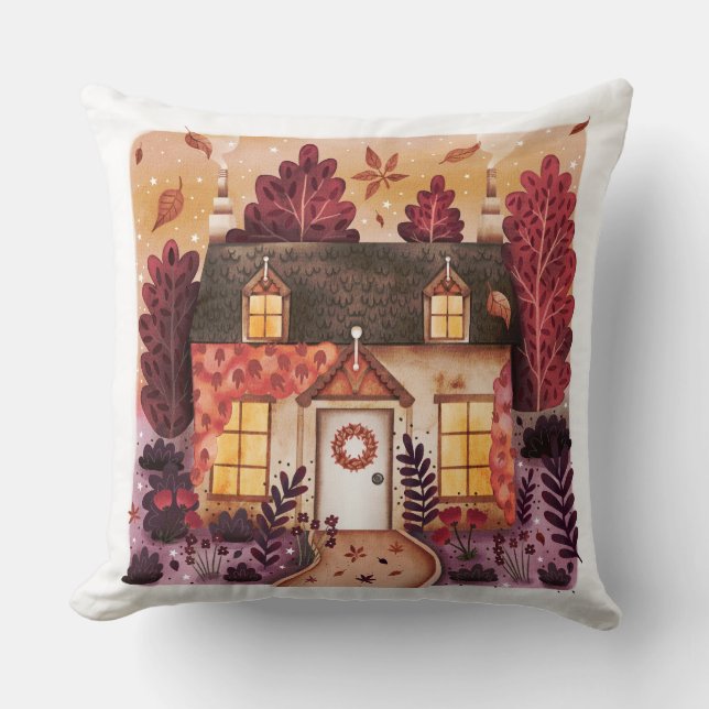 Gezellig huisje en Herfst herfstbladeren Kussen (Voorkant)