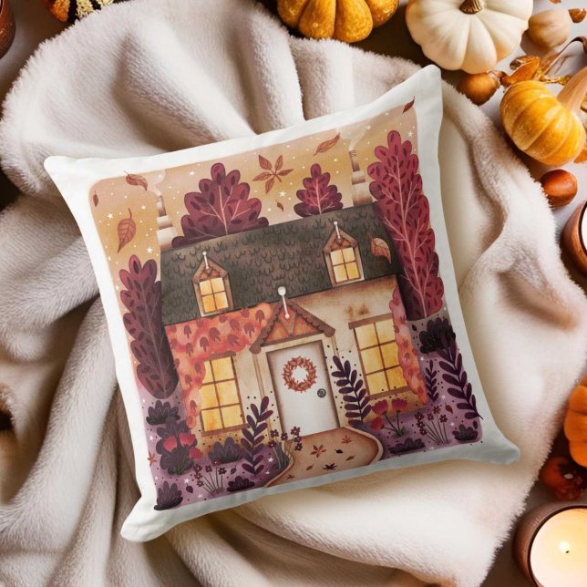Gezellig huisje en Herfst herfstbladeren Kussen (Cozy Cottage and Fall Autumn Leaves Throw Pillow)