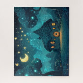 Gezellig huisje gloeien onder halve maan legpuzzel (Verticaal)