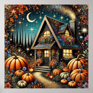 Gezellig huisje Herfstpompoenen Herfst Poster