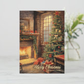 gezellig interieur kerstboom en open haard feestdagenkaart (Staand voorkant)
