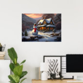 Gezellig Kerst Cottage & Sneeuwman | Vintage Winte Poster (Thuiskantoor)