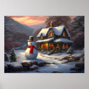 Gezellig Kerst Cottage & Sneeuwman   Vintage Winte Poster