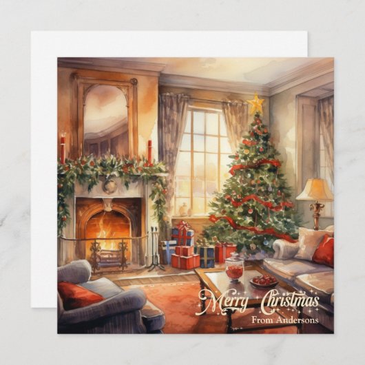 Gezellig kerst interieur met open haard en boom feestdagenkaart (Voorkant / Achterkant)