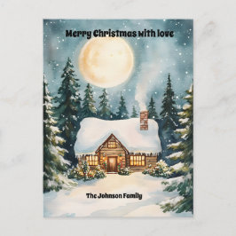 Gezellig kersthuisje bedekt met sneeuw feestdagenkaart