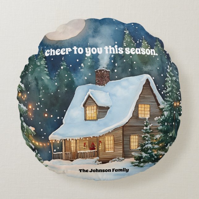 Gezellig kersthuisje bedekt met sneeuw rond kussen (Voorkant)