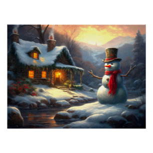 Gezellig Kersthuisje & Sneeuwman    winter Perfect Poster