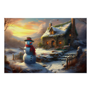 Gezellig Kersthuisje & Sneeuwman winter Perfect Poster