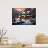 Gezellig Kersthuisje & Sneeuwman |  winter Poster (Keuken)
