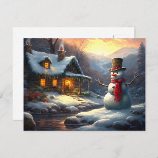 Gezellig Kersthuisje & Sneeuwman |  winter Uitnodiging Briefkaart (Voorkant / Achterkant)