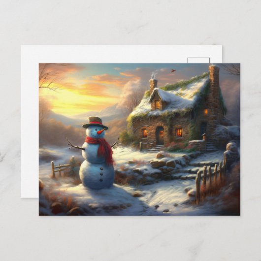 Gezellig Kersthuisje & Sneeuwman |  winter Uitnodiging Briefkaart (Voorkant / Achterkant)