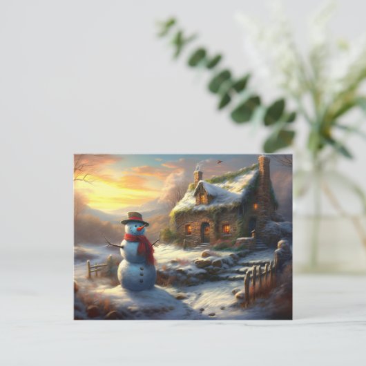 Gezellig Kersthuisje & Sneeuwman |  winter Uitnodiging Briefkaart (Staand voorkant)