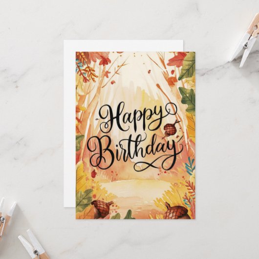 Gezellig Kleurrijk Bos Herfst Herfst Happy Birthda Kaart (Voorkant / Achterkant in situ)