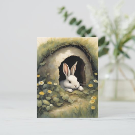 Gezellig konijn in een bloeiende hol briefkaart (Staand voorkant)