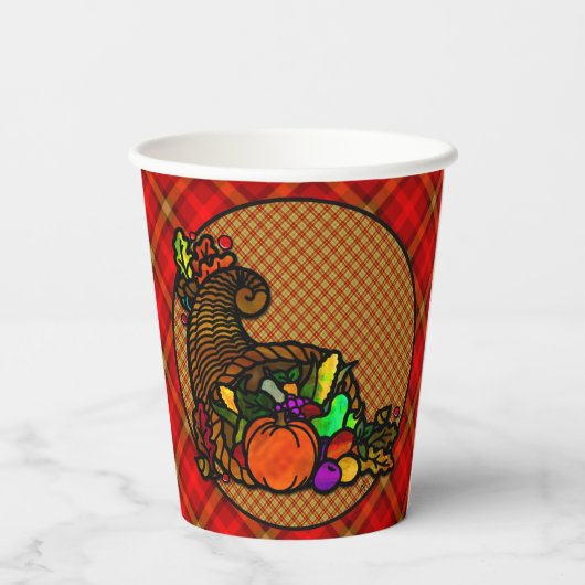 Gezellig Land Cornucopia op Plaid Papieren Bekers (Achterkant)