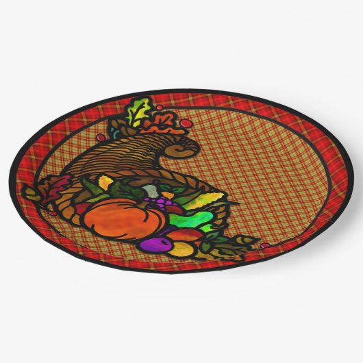 Gezellig Land Cornucopia op Plaid Papieren Bordje (Gekanteld)