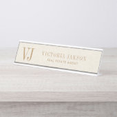 Gezellig licht beige linnen met tan monogram bureau naambordje (Voorkant)