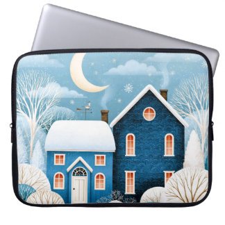 Gezellig Maanlicht Winterdorp Sneeuwig Cottage Laptop Sleeve