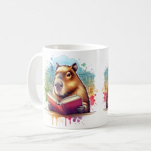 Gezellig Omhoog in de Bibliotheek met Capybara Rea Koffiemok (Voorkant links)