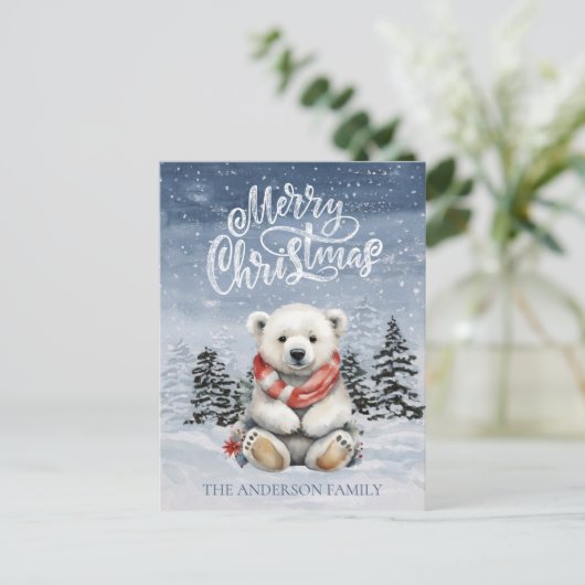 Gezellig Polar Beer met Rode Sjaal Platte Kerst Feestdagenkaart (Staand voorkant)