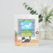 Gezellig raam huiselijk interieur met ontspannende briefkaart (Staand voorkant)