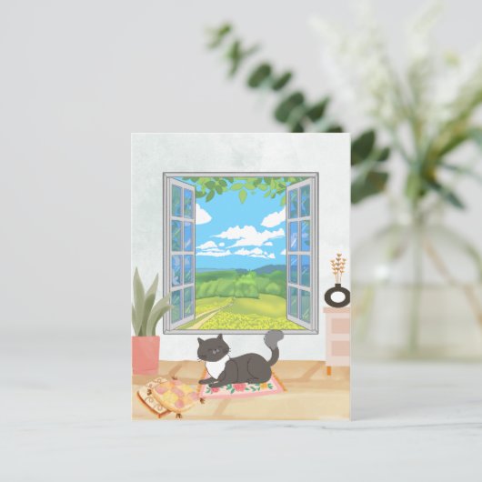 Gezellig raam huiselijk interieur met ontspannende briefkaart (Staand voorkant)