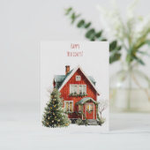 Gezellig rood huis met feestelijke decoraties feestdagenkaart (Staand voorkant)