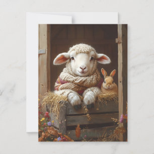 Gezellig Schaap en Konijn in Schuur met Bloemen Briefkaart