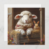 Gezellig Schaap en Konijn in Schuur met Bloemen Feestdagenkaart (Voorkant / Achterkant)