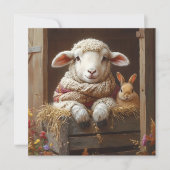 Gezellig Schaap en Konijn in Schuur met Bloemen Feestdagenkaart (Voorkant)