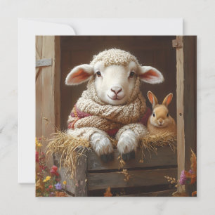 Gezellig Schaap en Konijn in Schuur met Bloemen Feestdagenkaart