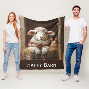 Gezellig Schaap en Konijn in Schuur met Bloemen Fleece Deken