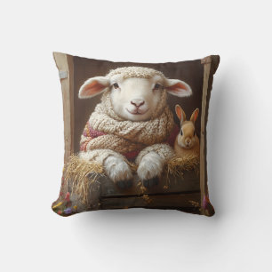 Gezellig Schaap en Konijn in Schuur met Bloemen Kussen