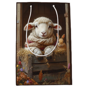 Gezellig Schaap en Konijn in Schuur met Bloemen Medium Cadeauzakje