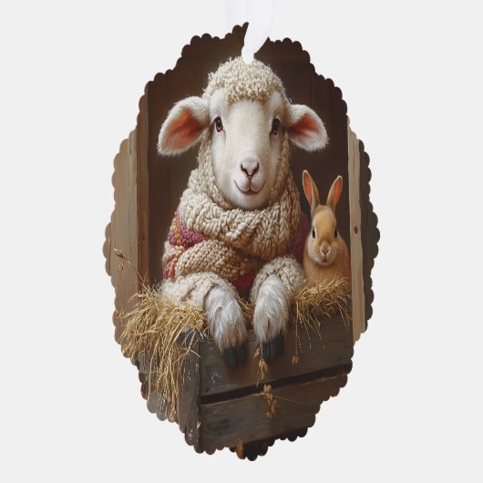 Gezellig Schaap en Konijn in Schuur met Bloemen Ornament Kaart (Rechts)